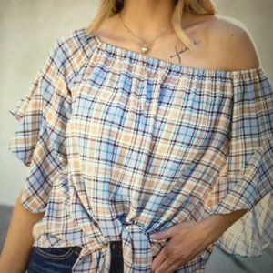 New with tags plaid Davi & Dani off shoulder tie front ruffle Bell  sleeve top
